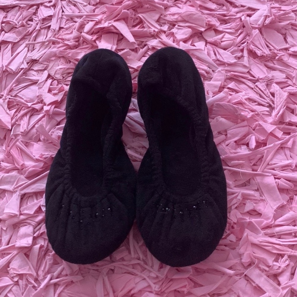 Womens black jeweled rubber bottom slippers